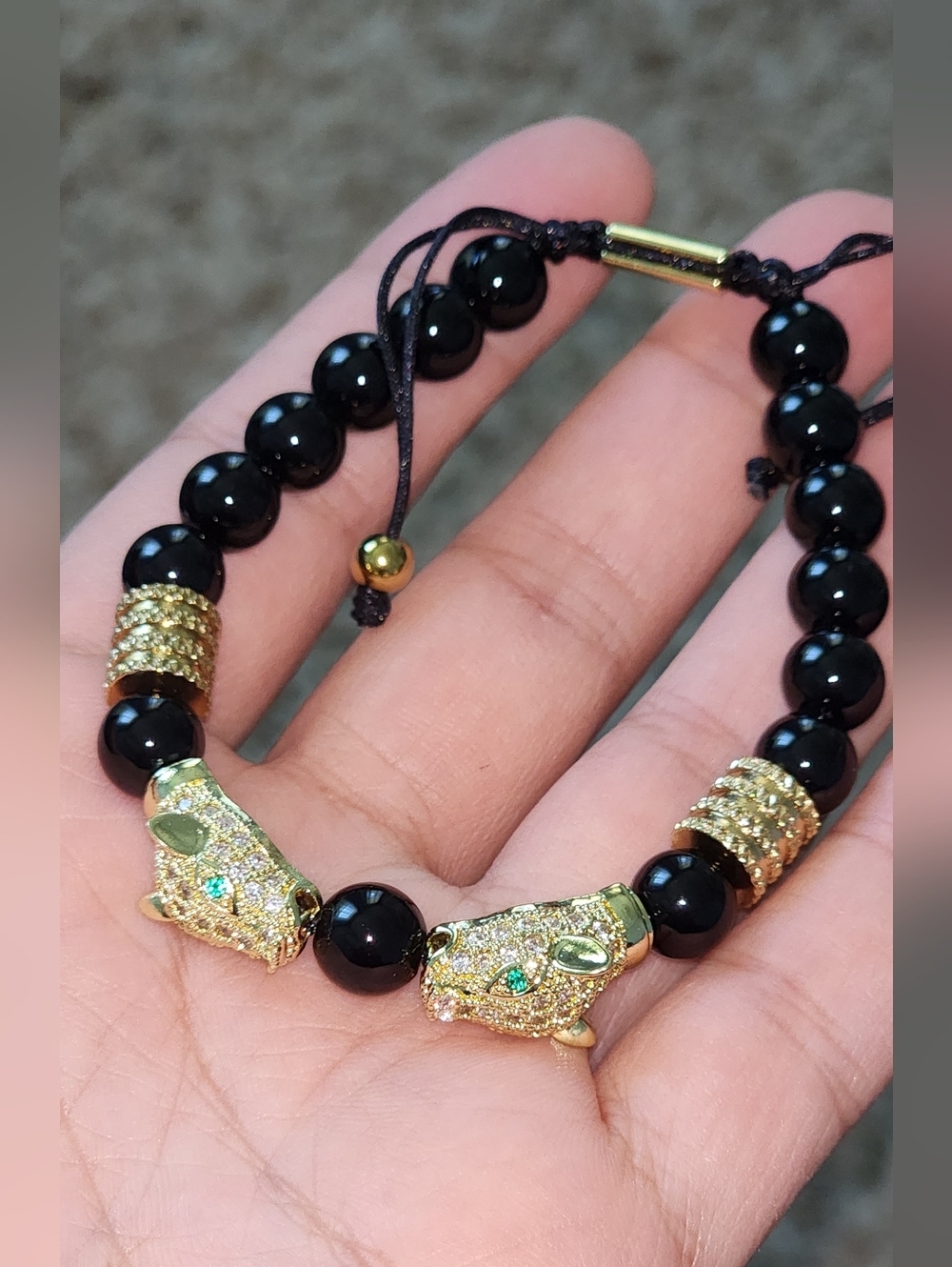 Black Beaded Gold Jaguar Head Adjustable Bracelet - Picture 3 of 3